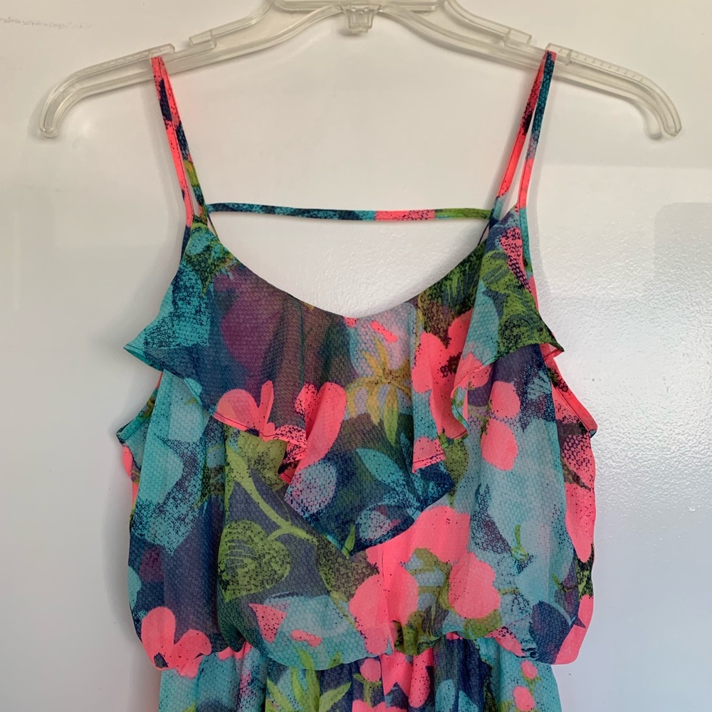 LUSH Floral Chiffon Dress Blue Pink Floral Tropic - Picture 2 of 8